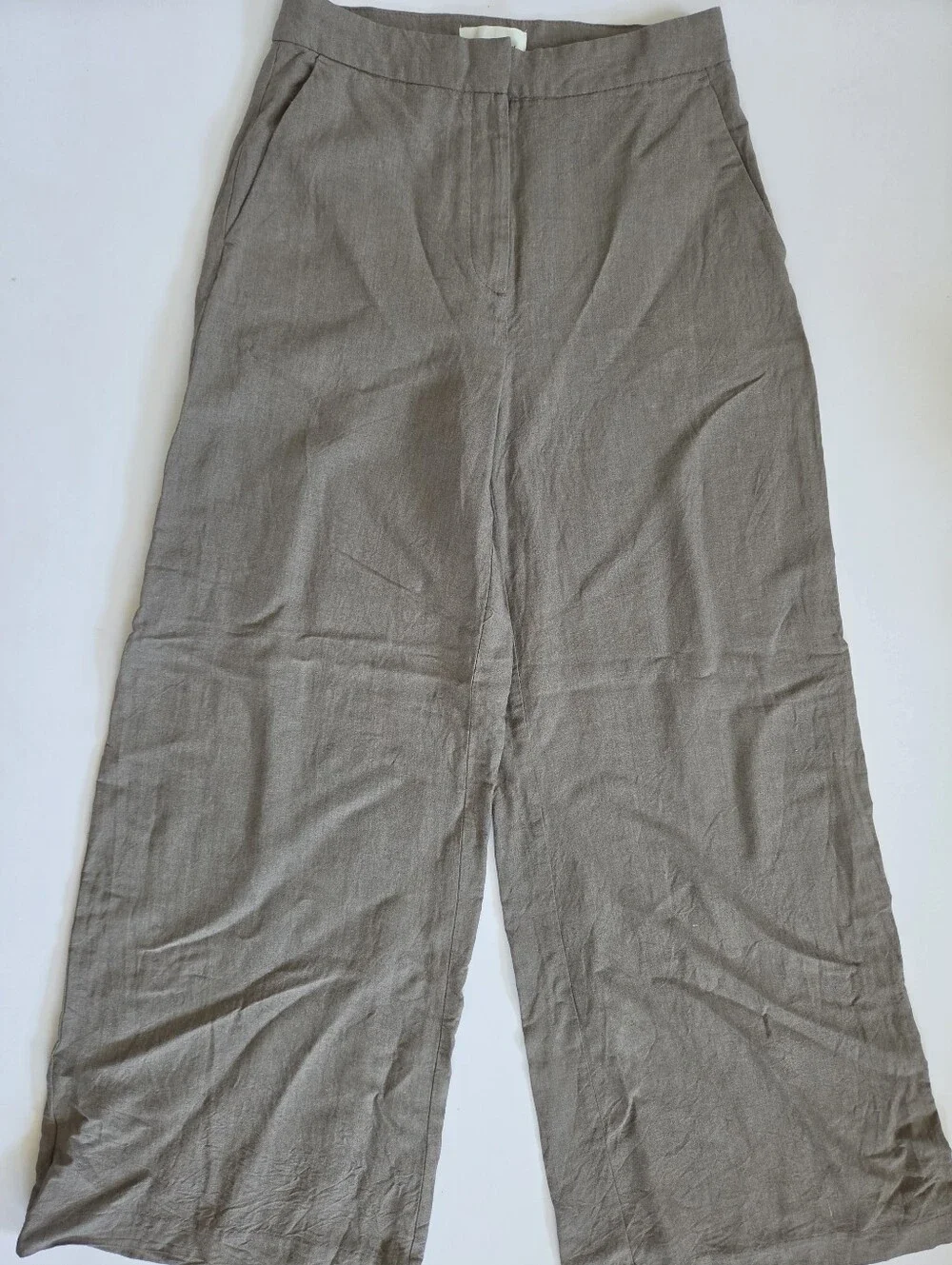 H&M linen blend wideleg flowg lightweight trousers in neutral beige brown sz 2